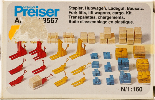 Preiser 79567 (1:160) – Stapler, Hubwagen, Ladegut, Bausatz 